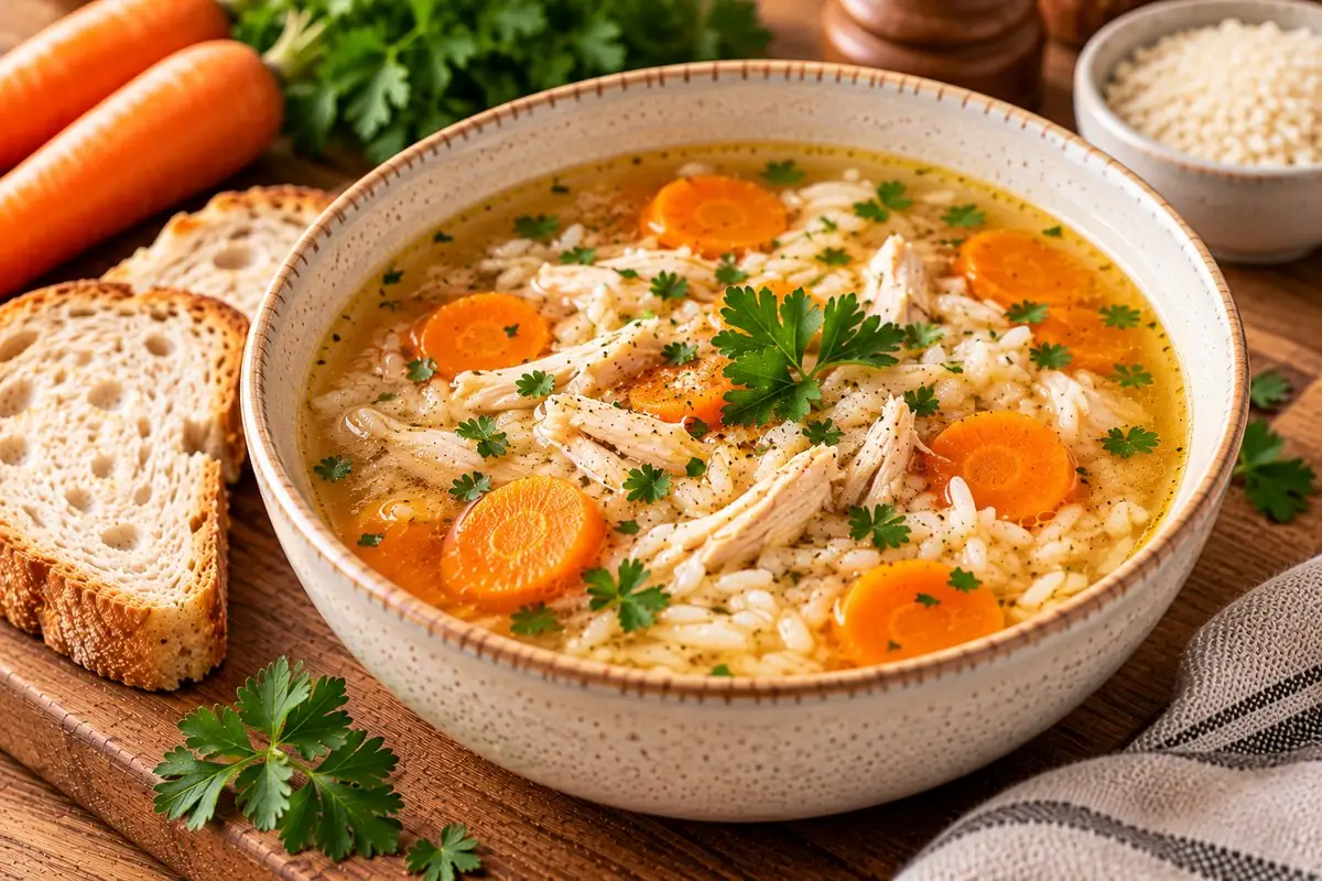 Hühnersuppe mit Reis, Karottenscheiben und Petersilie in einer Schale, daneben Brot