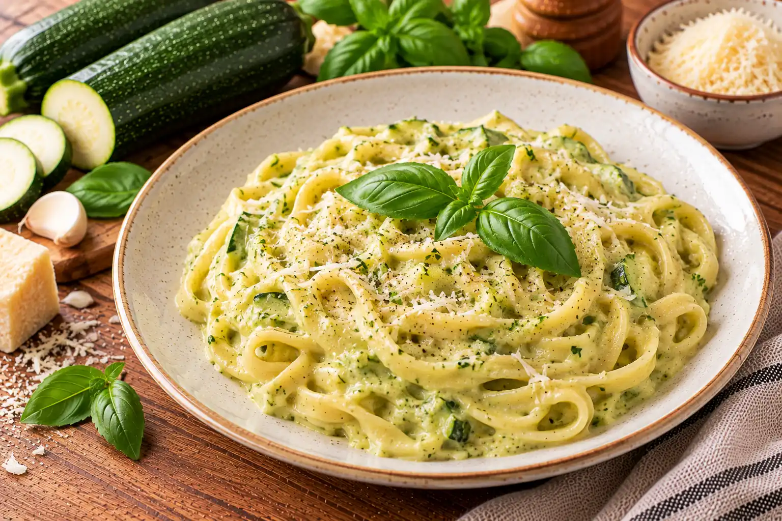 Nudeln in einer hellgrünen cremigen Zucchini-Sauce mit Basilikum auf einem Teller