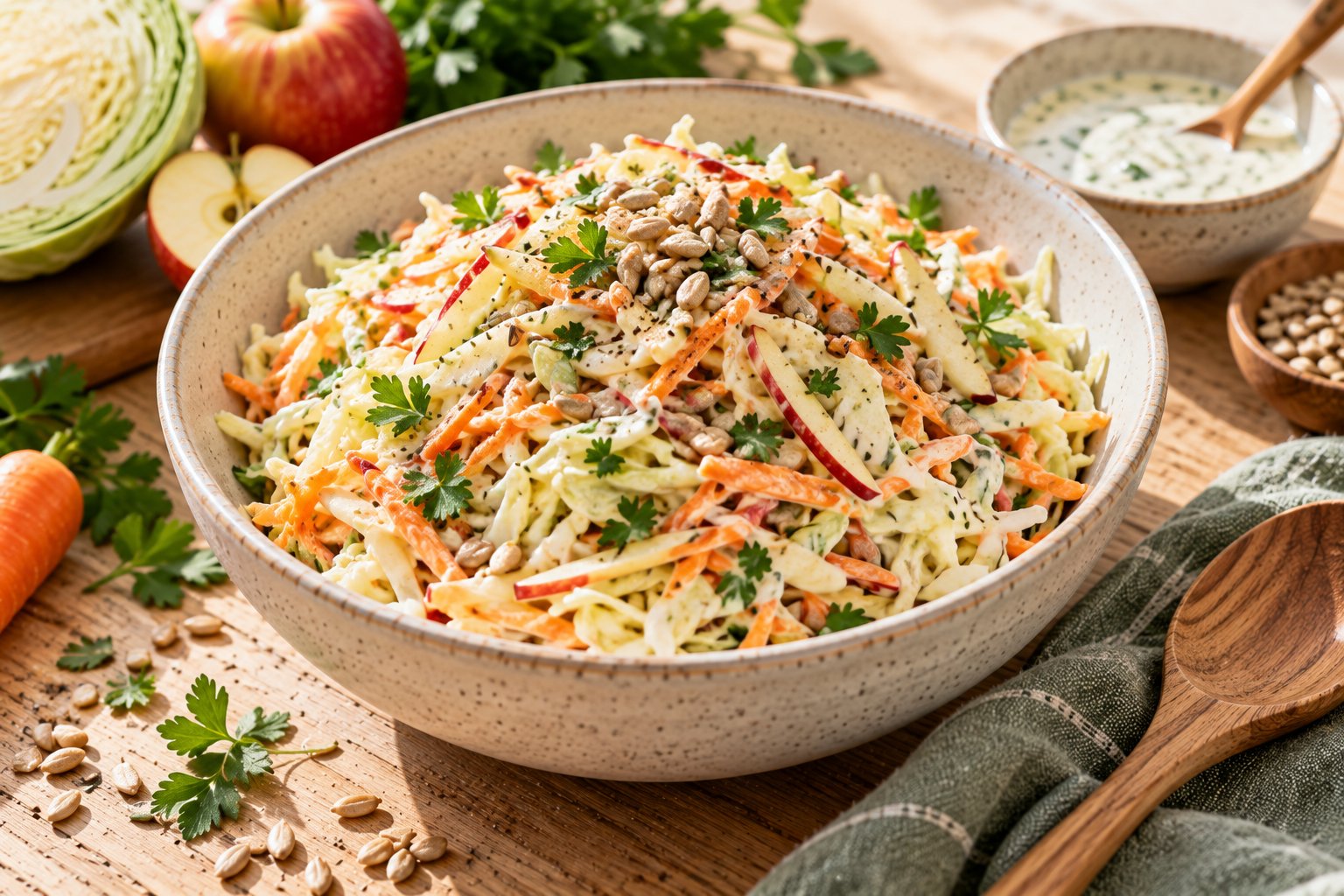 Bunter Krautsalat mit Karotte und Apfel in einer Schüssel, dazu Sonnenblumenkerne und ein Löffel Kefir-Dressing