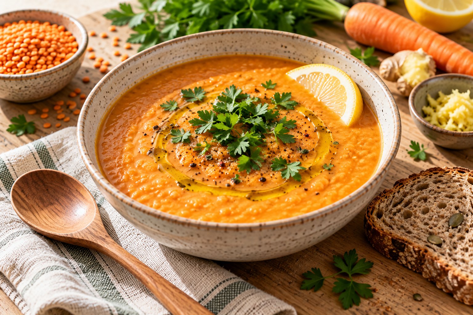 Cremige orange Rote-Linsen-Suppe in einer Keramikschale mit Petersilie, Zitronenspalte und Brot auf einem Holztisch