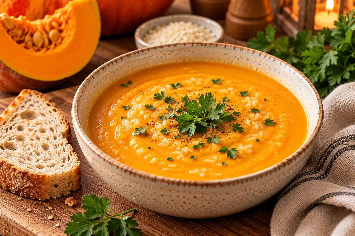Cremige orange Hokkaido-Kürbissuppe mit Reis in einer Schale, daneben ein Stück Kürbis und Brot