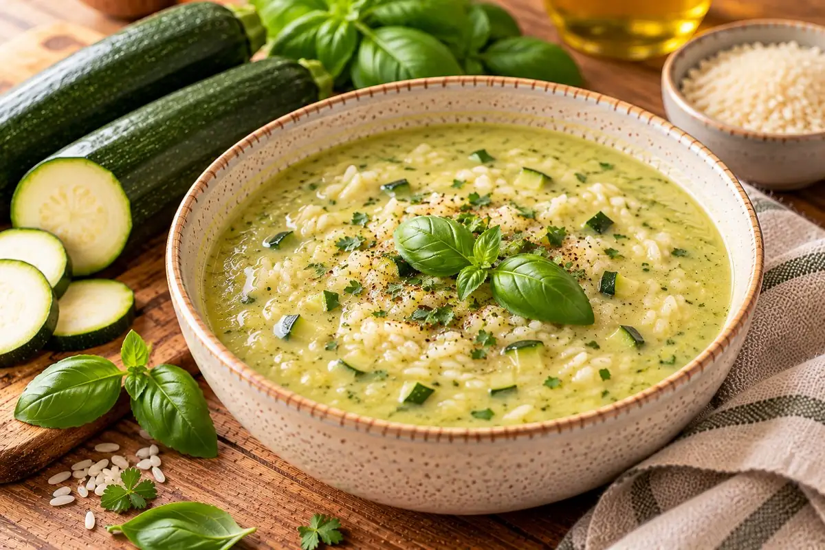Grüne Zucchini-Reis-Suppe mit Basilikum in einer Schale, daneben frische Zucchini