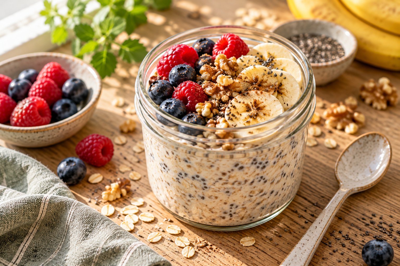 Overnight Oats mit Kefir, Beeren und Chiasamen im Glas, dazu Walnüsse und Banane auf einem hellen Holztisch