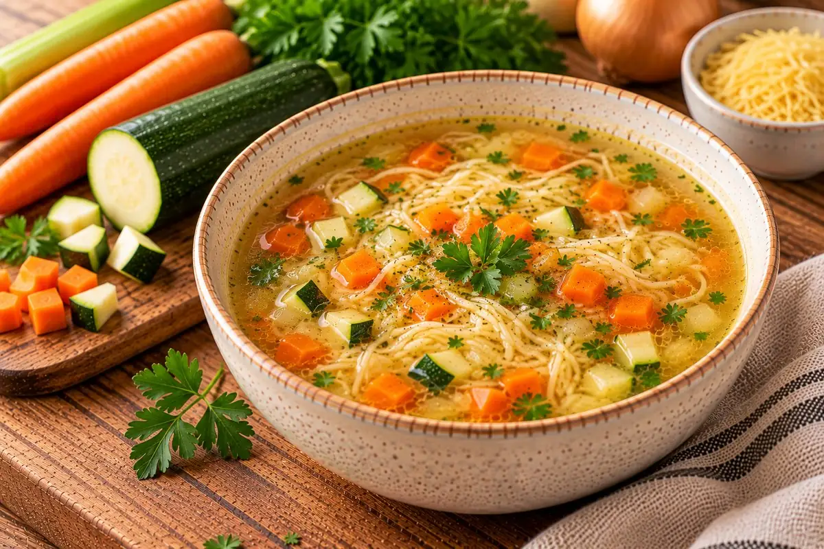 Klare Gemüsesuppe mit feinen Nudeln, Karotten und Zucchini in einer Schale