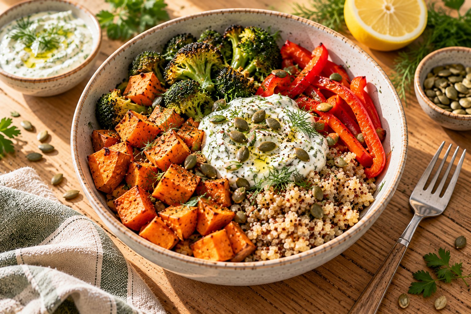 Bunte Ofengemüse-Bowl mit Süßkartoffel, Brokkoli, Paprika und Quinoa, dazu Joghurt und Kürbiskerne in einer Schale