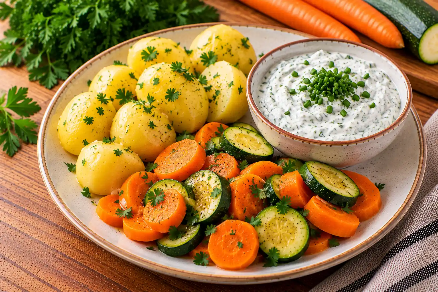 Gekochte Kartoffeln mit Kräuterquark und gedünsteten Karotten und Zucchini auf einem Teller