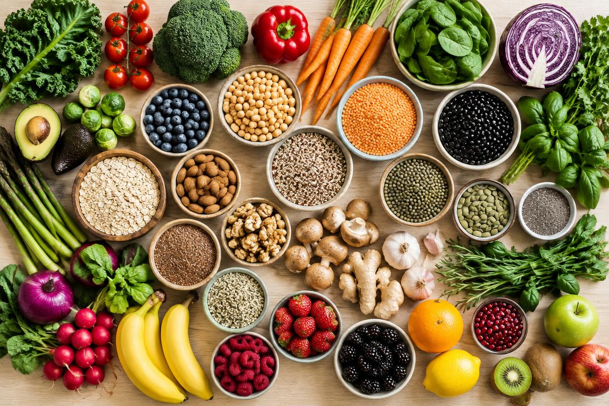 Bunte Vielfalt aus Gemüse, Obst, Hülsenfrüchten, Nüssen und Samen