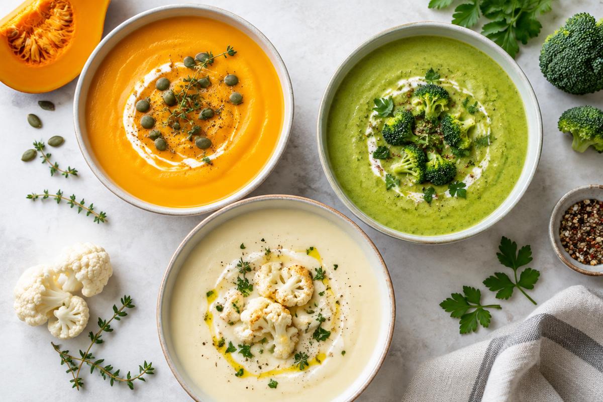 Drei Schalen mit Kürbis-, Brokkoli- und Blumenkohlsuppe